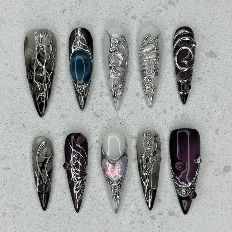 Cyberpunk Gothic Silver Chrome Futuristic Armor Press On Nails
