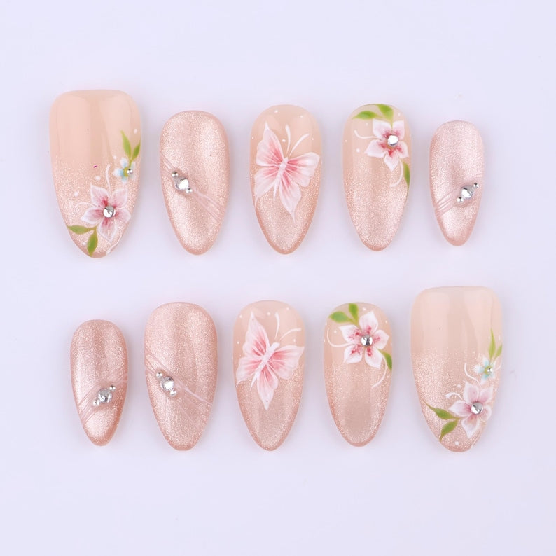 Blush Cat Eye Butterfly Crystal Romantic Press On Nails