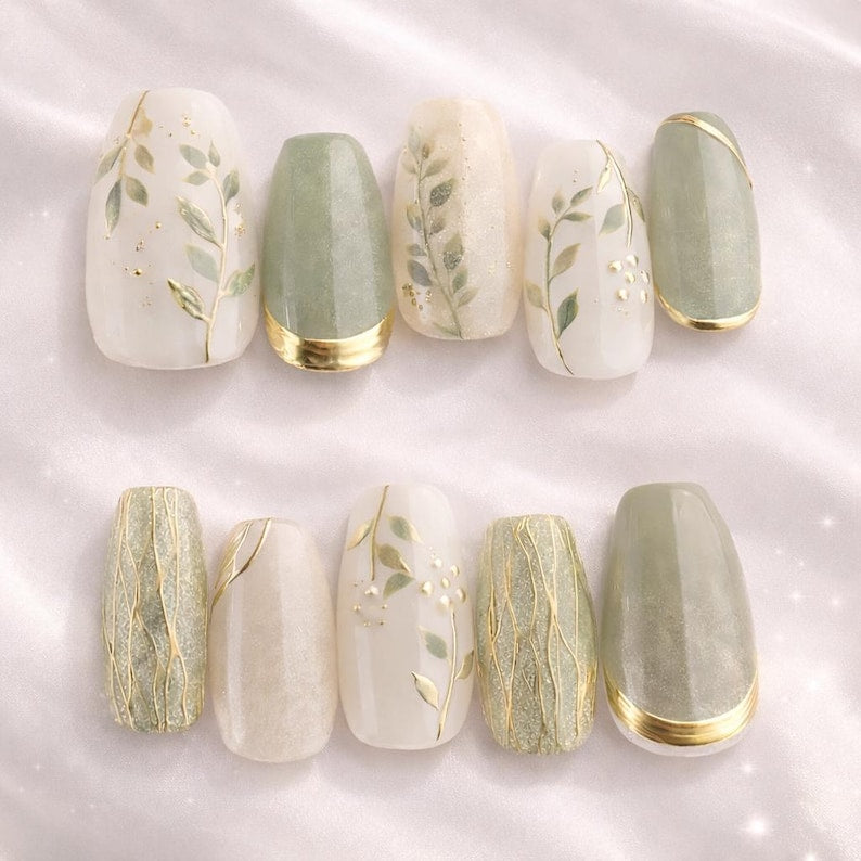 Sage Green Botanical Press On Nails