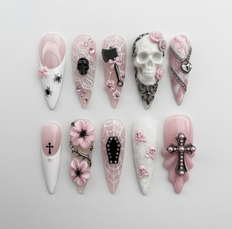 Pink Dark Romantic Skull Web Coquette Statement Press On Nails