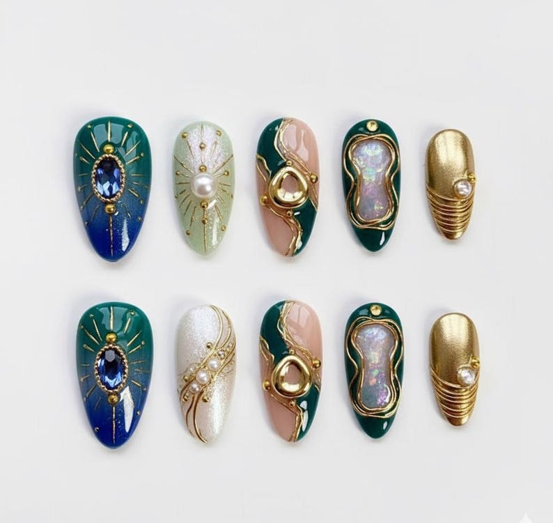 Royal Teal Summer Gold Elegant Luxury Press On Nails