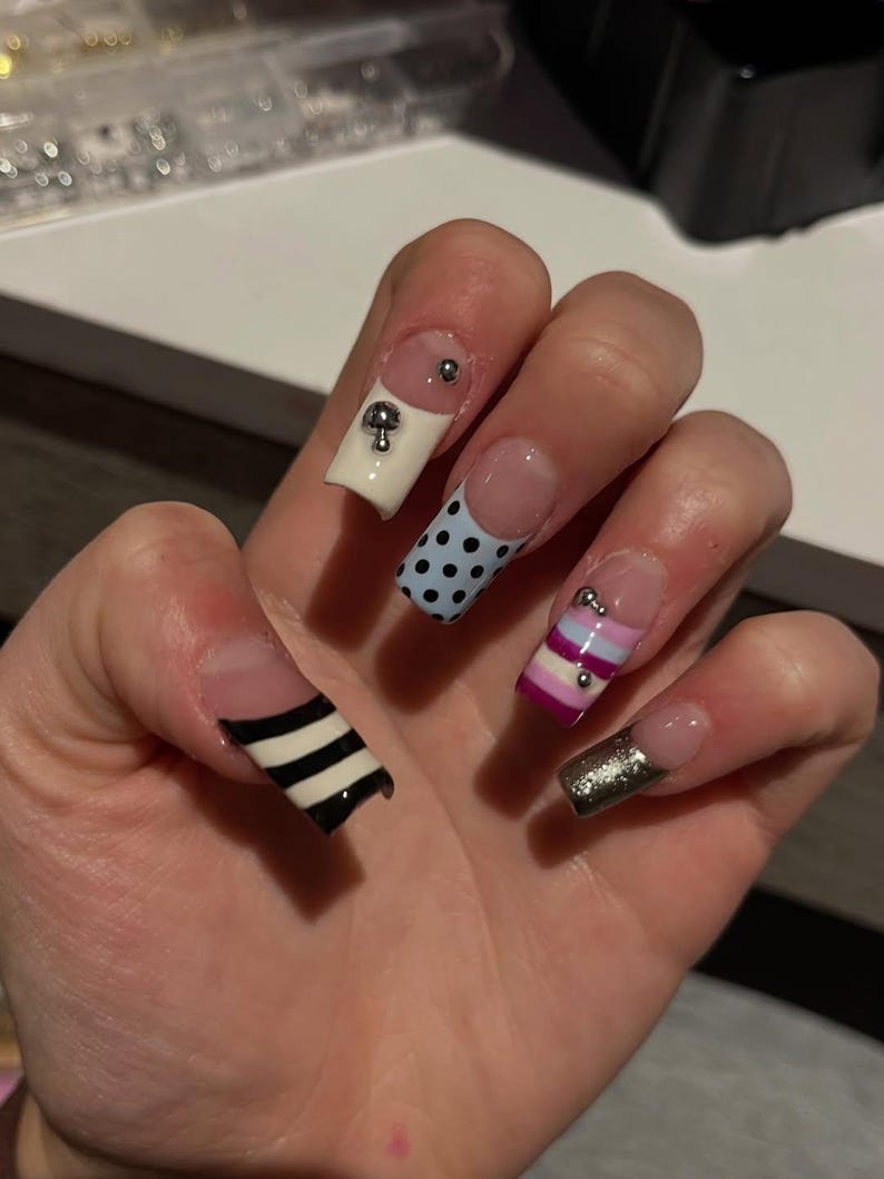 Funky Mix And Match Polka Dot Stripe Chrome Tip Press On Nails
