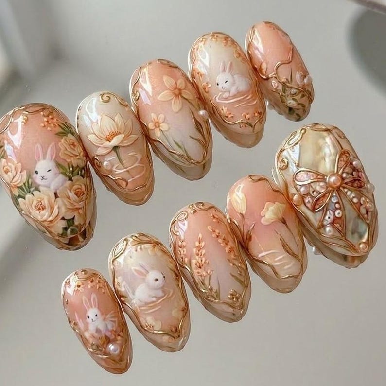 Vintage Bunny Peach Floral Gold Bow Press On Nails
