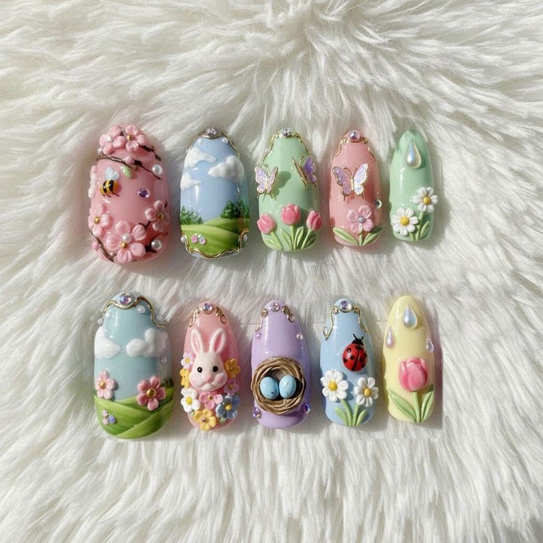 Cute Pastel Garden Bunny Butterfly Press On Nails