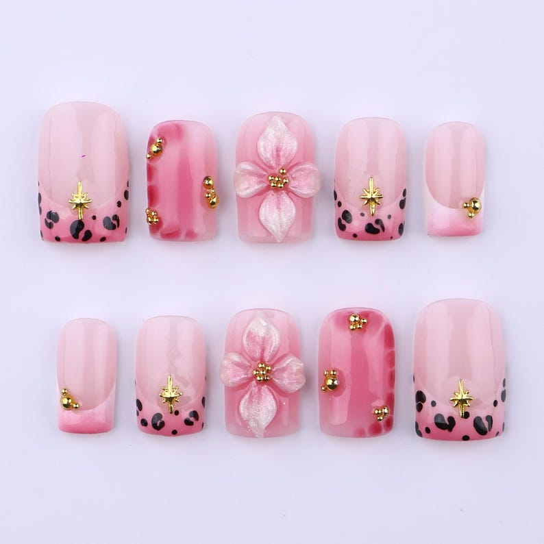 Pink Leopard Floral Star Charm Playful Press On Nails