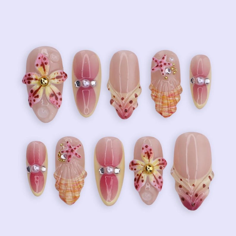 Coastal Pearl Floral 3D Spring Press On Nails
