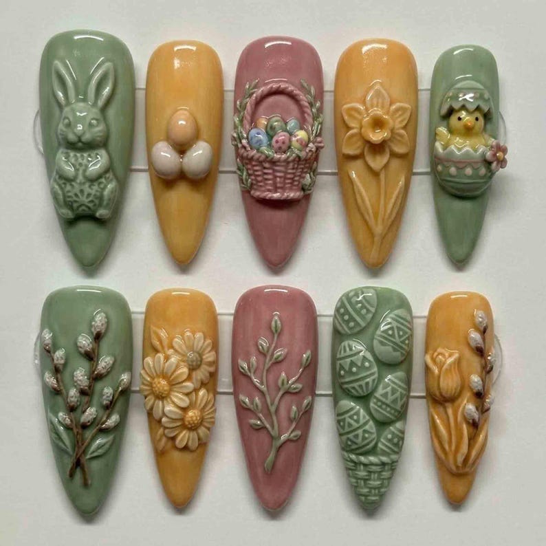 3D Bunny Chick Easter Basket Press On Nails