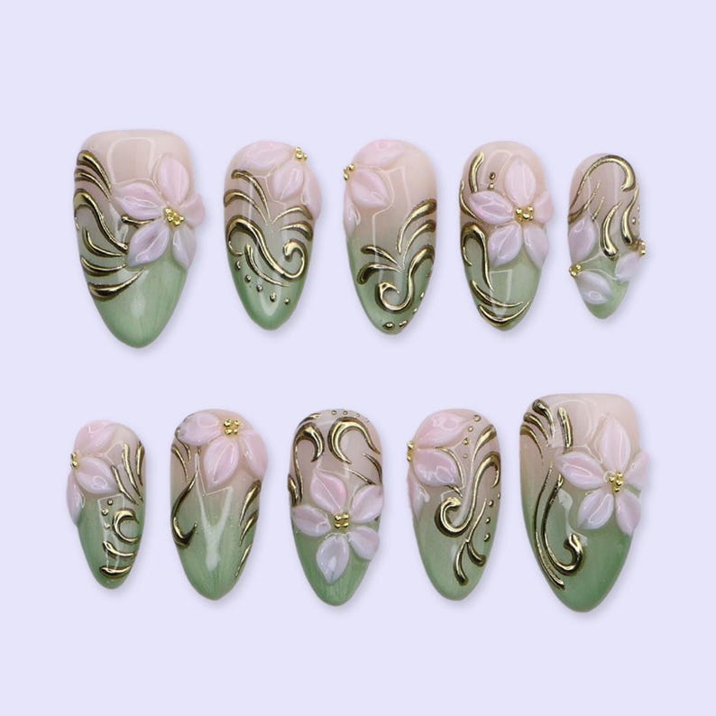 Sage Green Pink Floral Gold Swirl Press On Nails