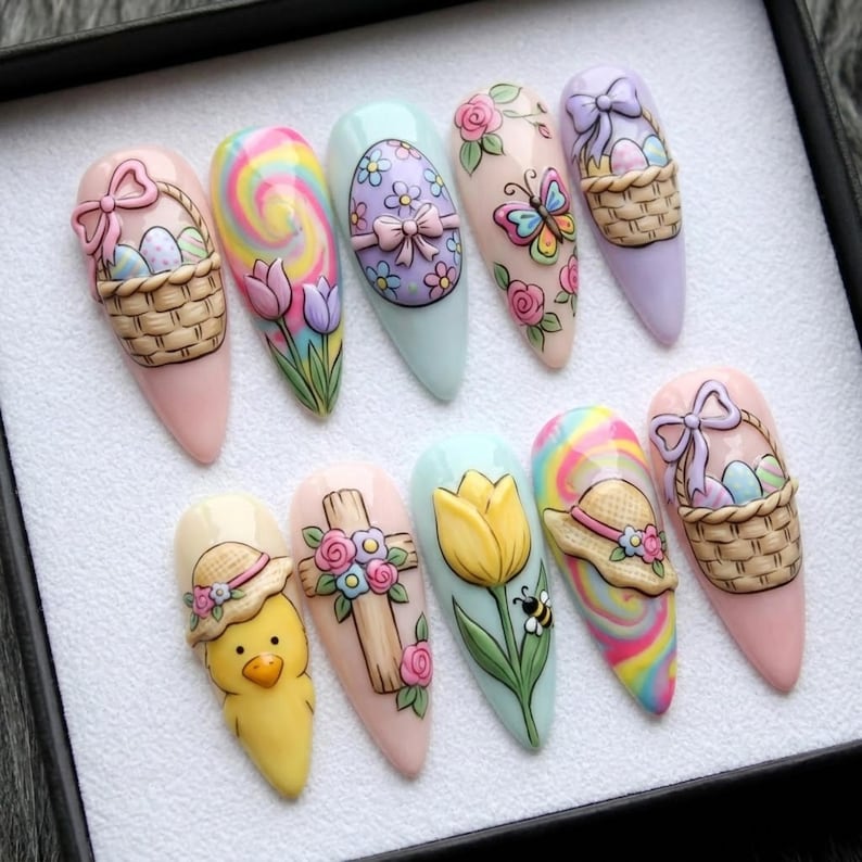 Pastel Rainbow Easter Egg Cottagecore Press On Nails