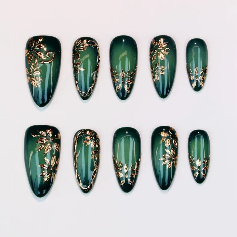 Green Ombre Gold Floral Elegant Almond Press On Nails