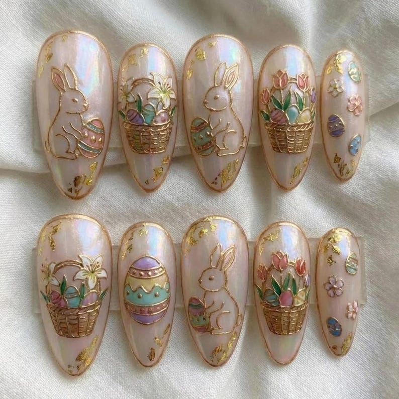 Gold Line Bunny Easter Basket Press On Nails