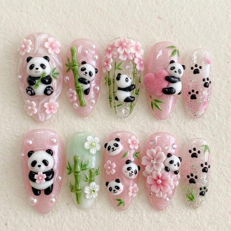 Cute Kawaii Panda Inspired Press On Nails