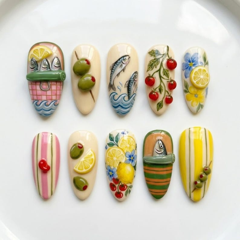 Mediterranean Coastal Fruit Art Vibrant Press On Nails