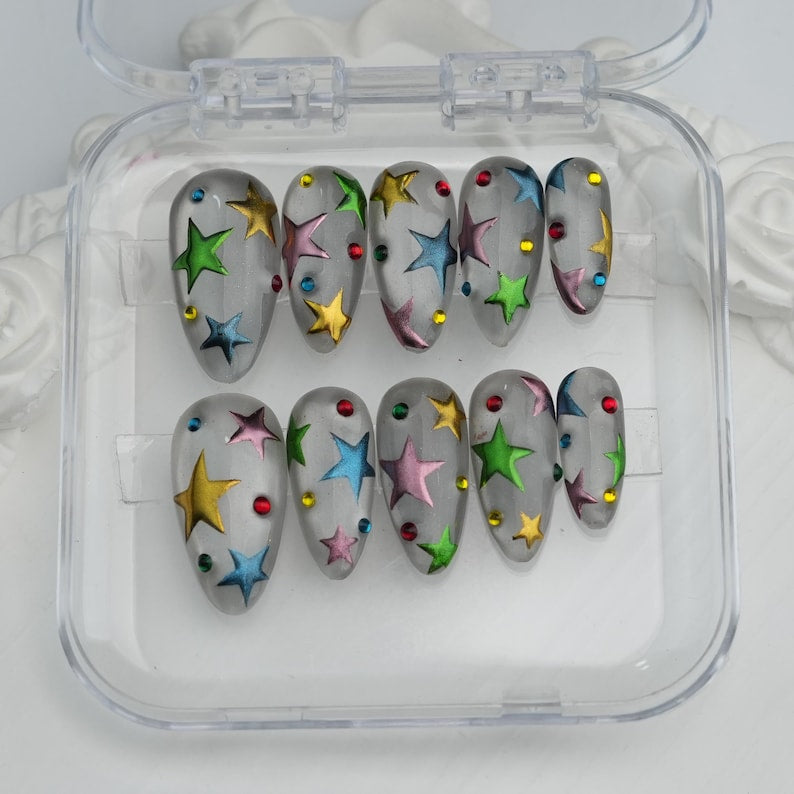 Colorful Starburst French Press On Nails