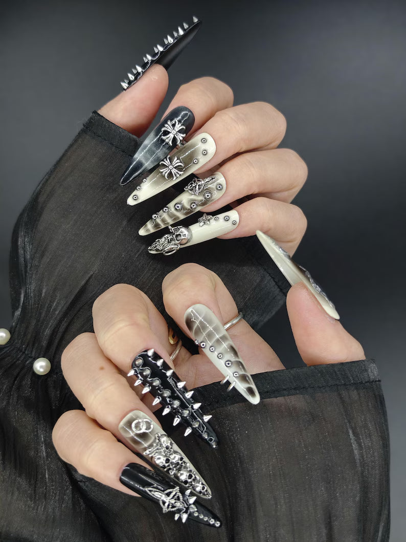 Gothic Grunge Skull Spike Edgy Press On Nails