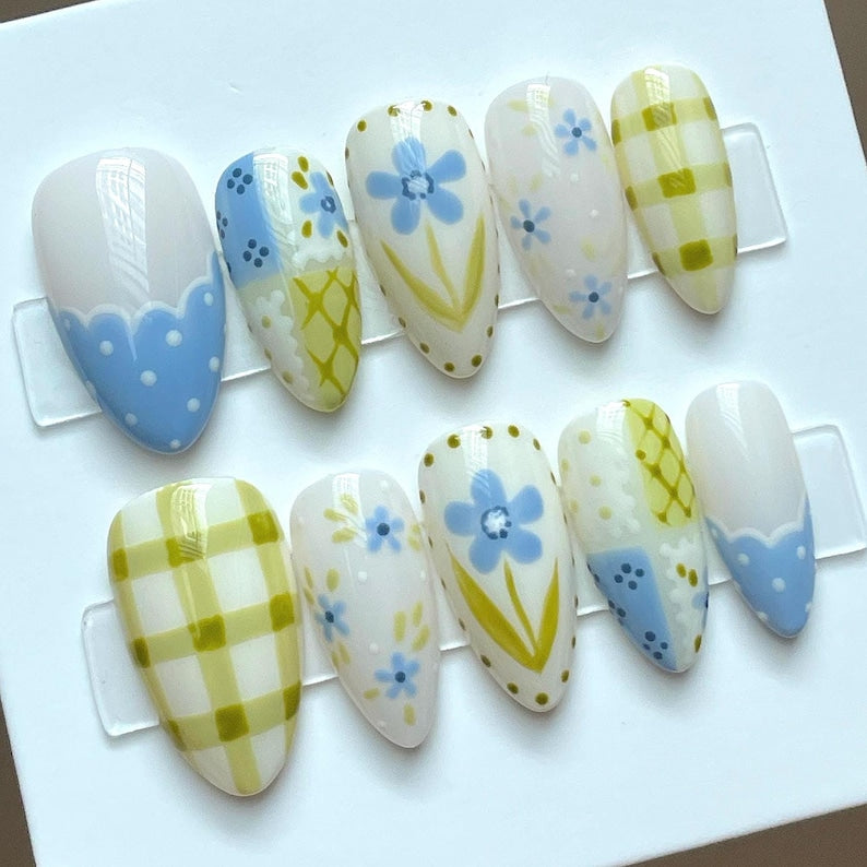 Periwinkle Quilted Floral Easter Press On Nails