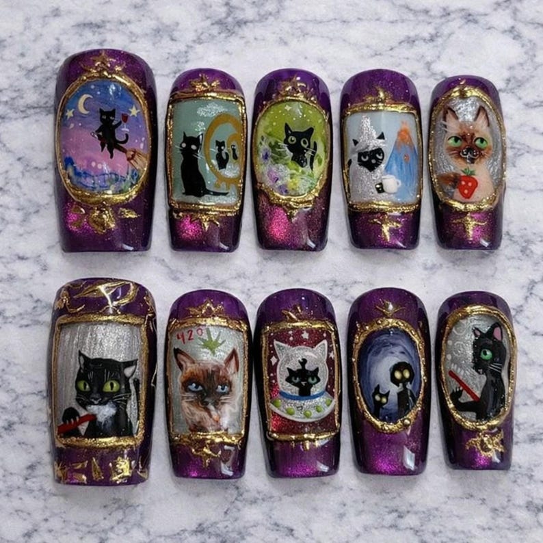 Hand-Painted Witchy Black Cat Mystical Gothic Press On Nails