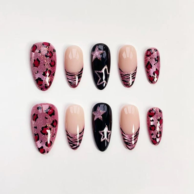 Glitter Pink Leopard Star Y2K Press On Nails