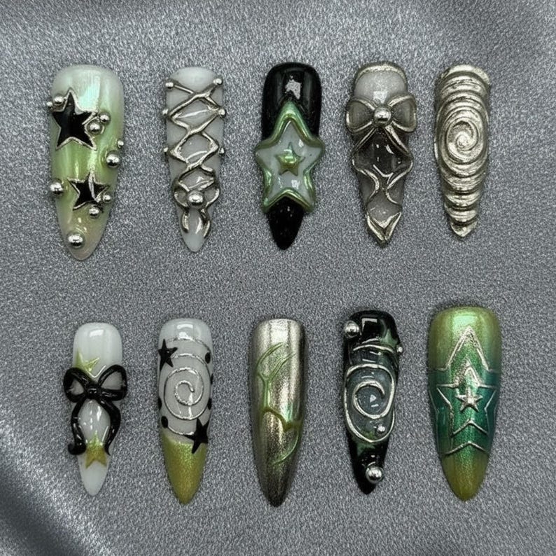 Cyberpunk Green Chrome Futuristic Tech Edgy Press On Nails