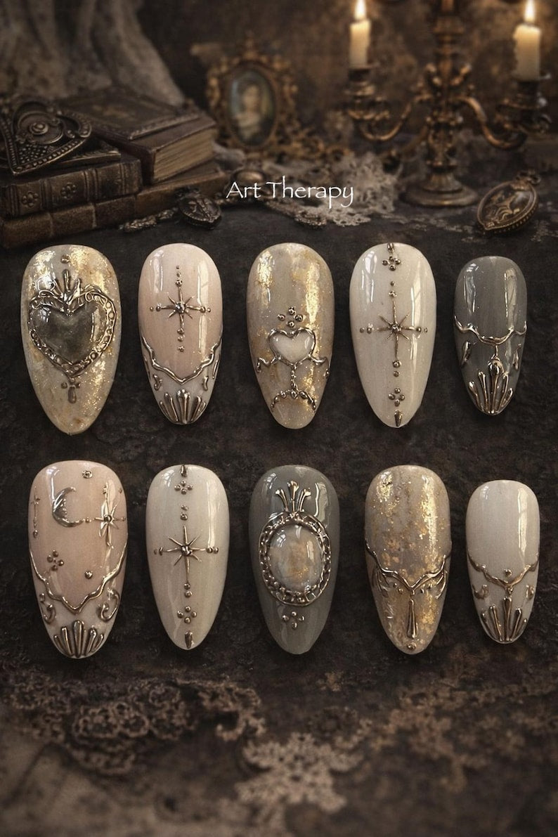 Antique Gold Relic Ornate Gothic Press On Nails