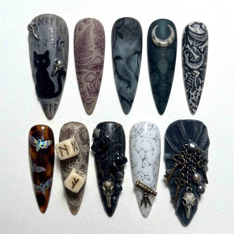 Grey Black Witchy Celestial Rune Skull Stiletto Press On Nails