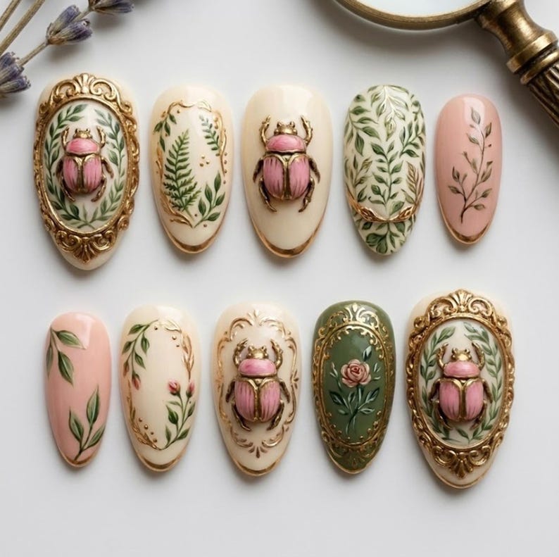 3D Pink Scarab Gold Luxury Press On Nails
