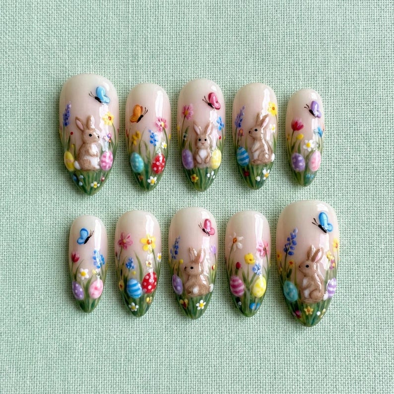 3D Bunny Floral Meadow Pastel Press On Nails