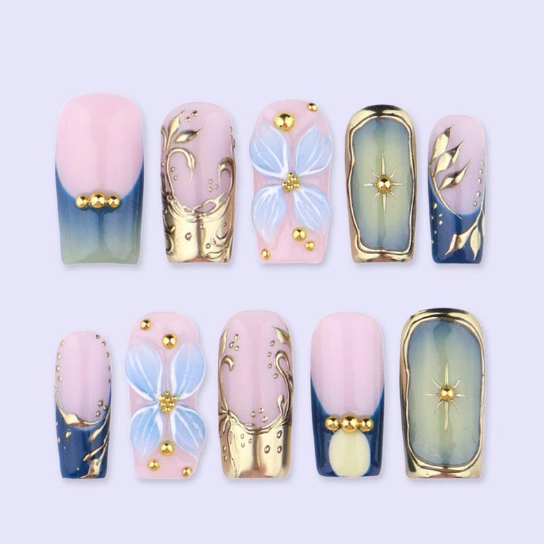 Blue Gold Luxury 3D Floral Elegant Garden Press On Nails