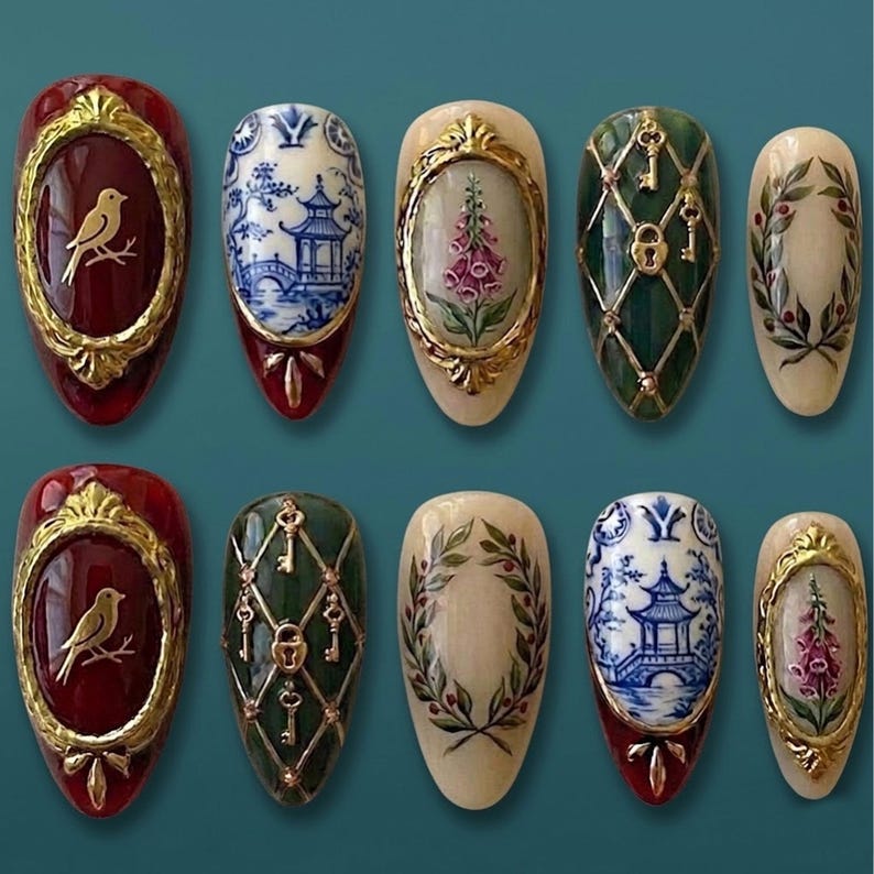 Elegant Blue White Floral Crane Porcelain Press On Nails