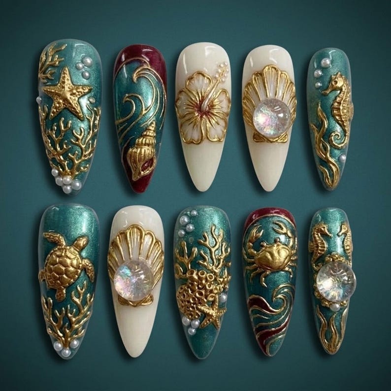Ocean Treasure Gold Shell 3D Luxury Press On Nails