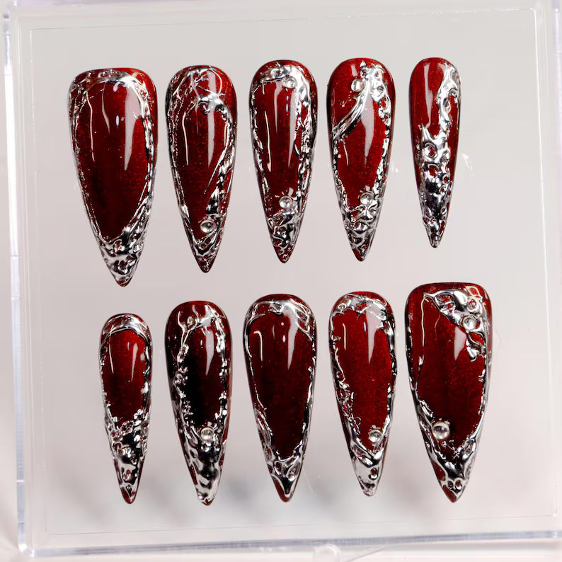 Blood Red Liquid Metal Gothic Y2K Stiletto Press On Nails