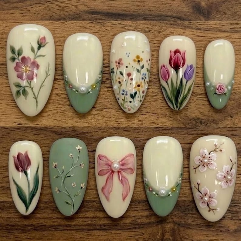 Elegant Hand Painted Floral Vintage Bloom Press On Nails