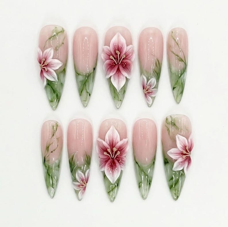 Elegant Pink Floral Blossom 3D Gradient Press On Nails