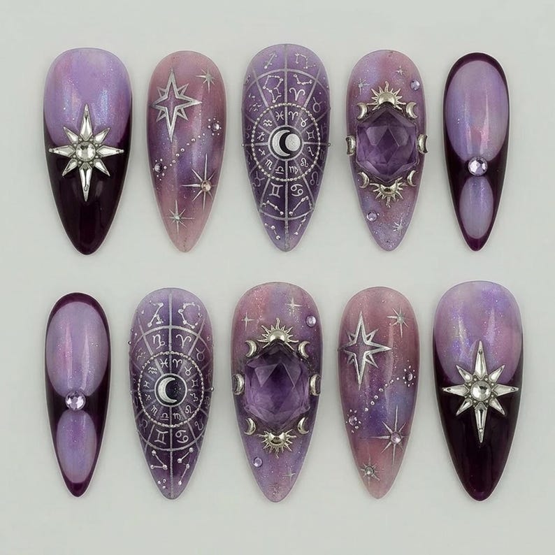 Mystical Purple Celestial Zodiac Press On Nails