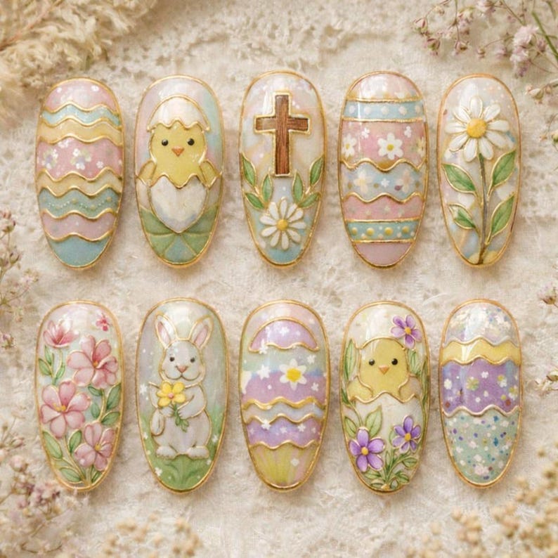 3D Bunny Chick Floral Pastel Spring Press On Nails
