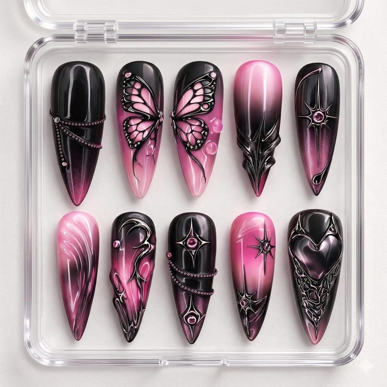 Soft Pink Gothic Butterfly Chrome Press On Nails
