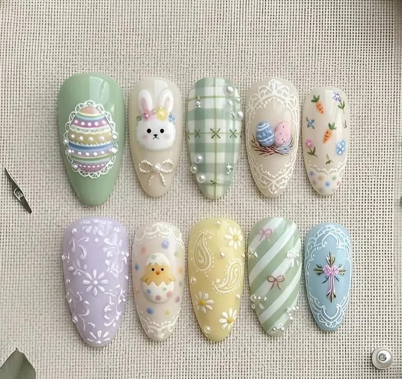Pastel Bunny Chick Easter Floral Press On Nails