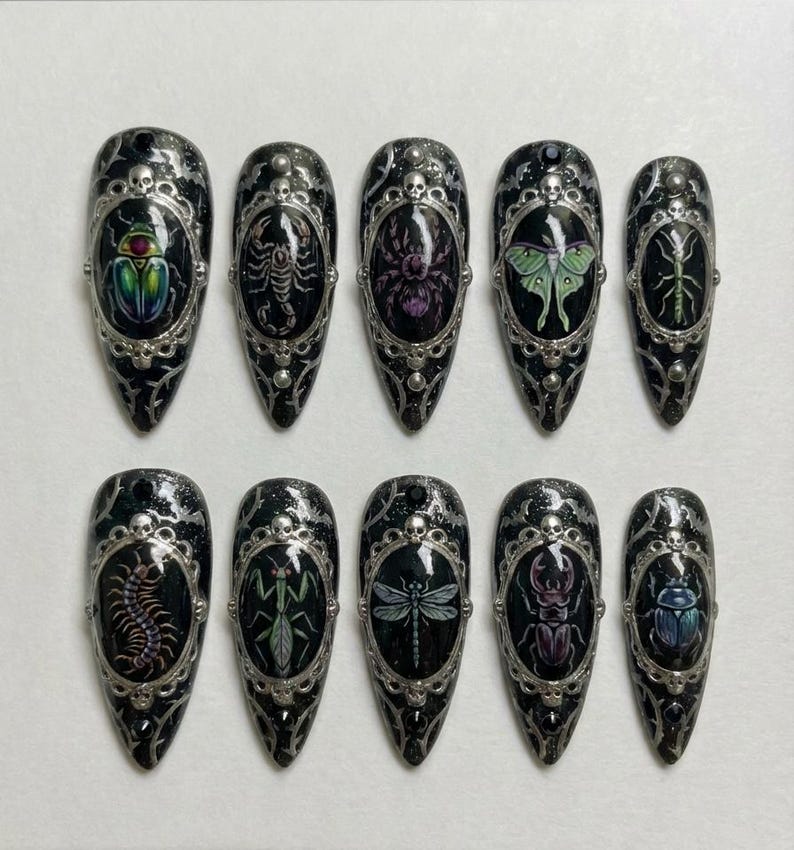 Dark Grunge Witchy Insect Silver Frame Statement Press On Nails