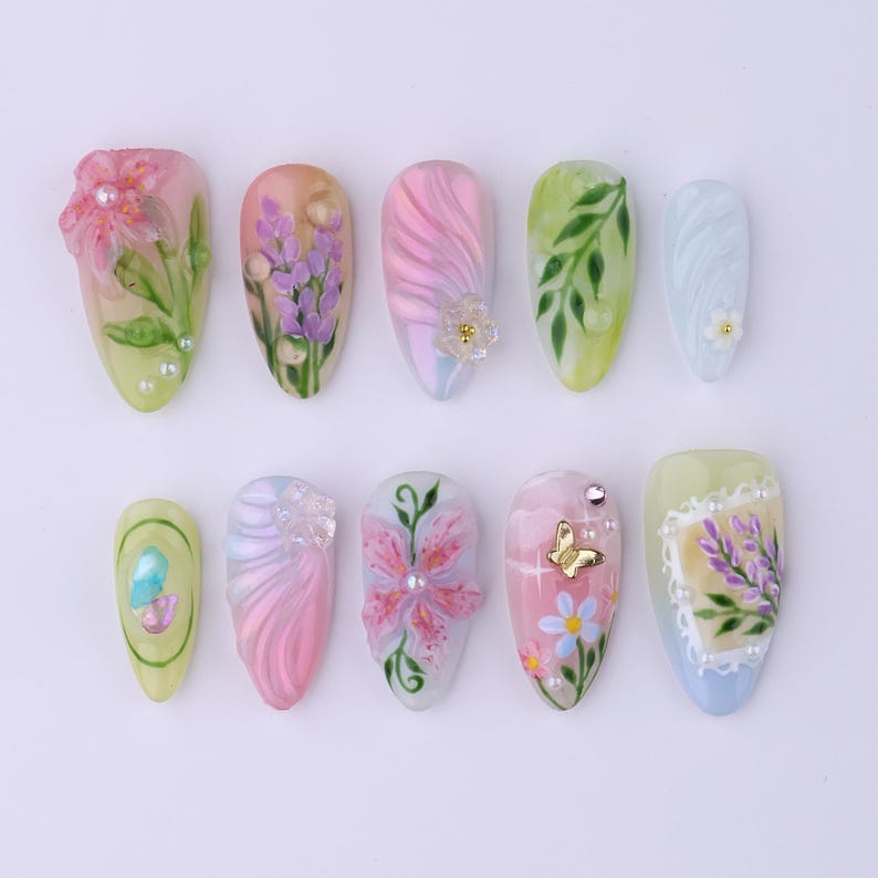 Pastel Garden Butterfly Floral Romantic Press On Nails