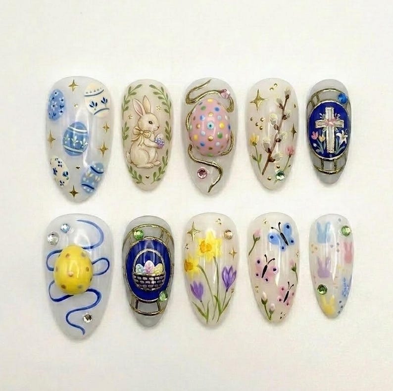 Pastel Easter Bunny Egg 3D Floral Press On Nails