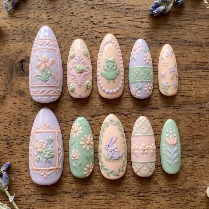 Pastel Victorian Bunny 3D Floral Press On Nails