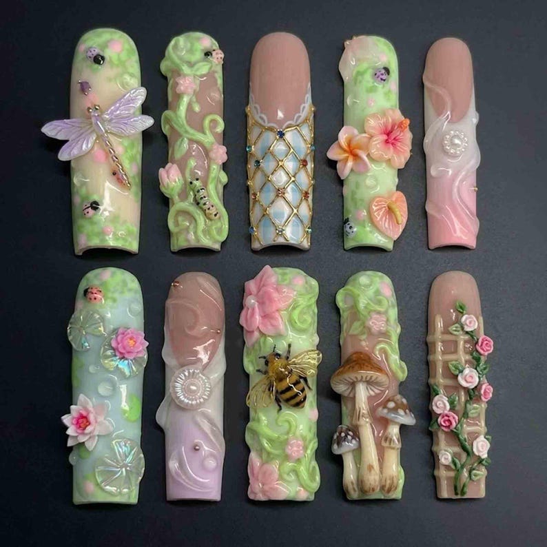Whimsical Fairy Garden Floral 3D Press On Nails