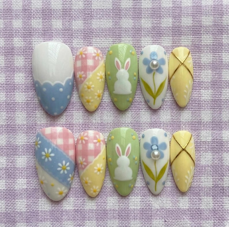 Pastel Gingham Bunny Daisy Press On Nails