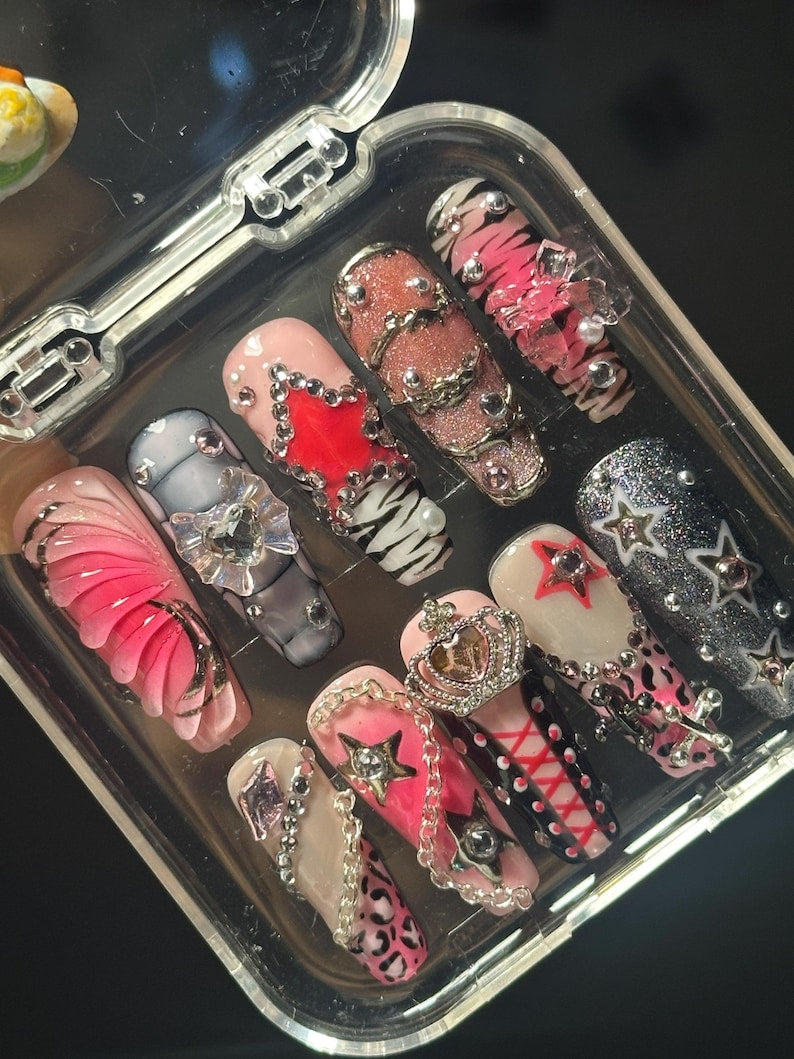Y2K Glam Chrome Heart Statement Press On Nails