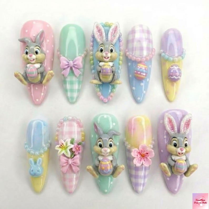 Pastel Easter Gingham Bunny 3D Bow Press On Nails