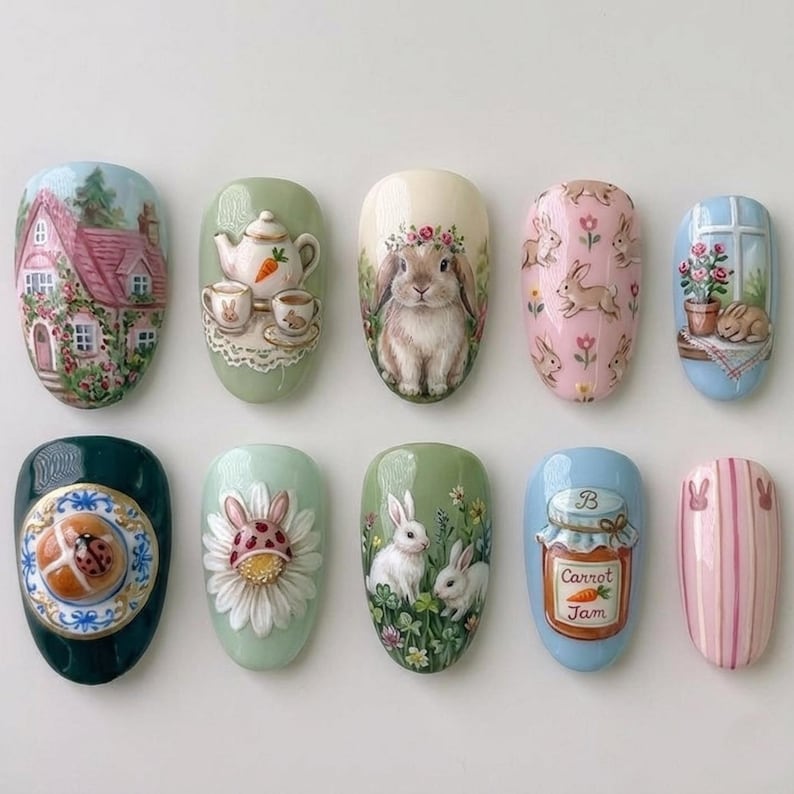 Pastel Cottagecore Bunny Floral Press On Nails