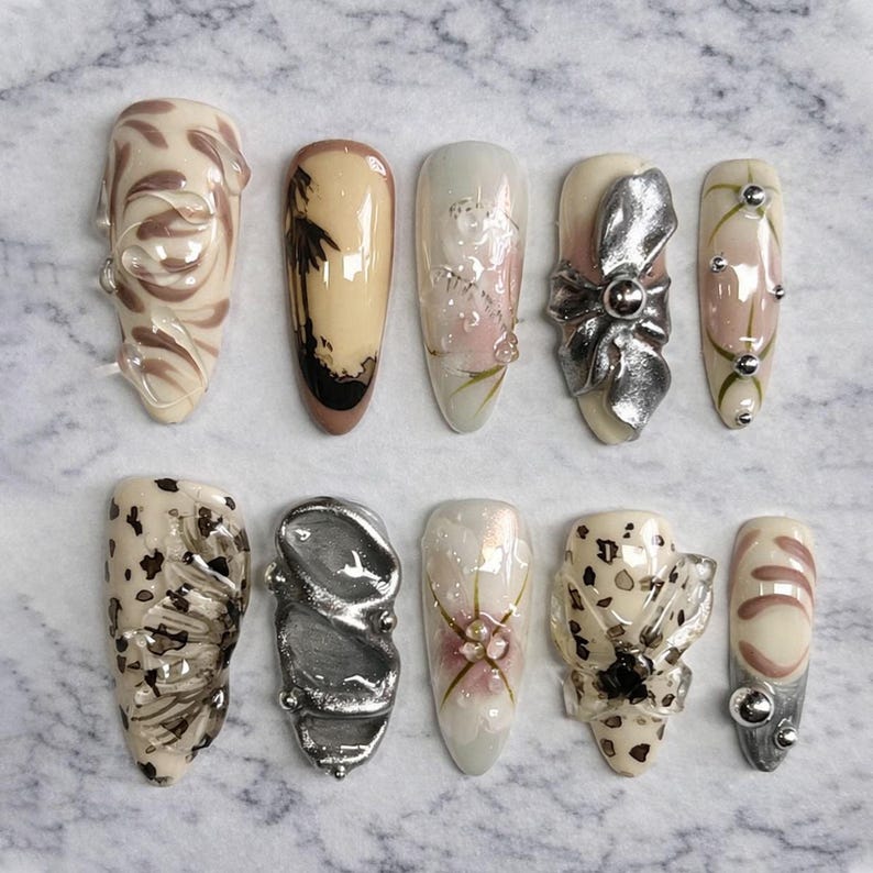 Hand-Painted Floral Bow Romantic Coquette Press On Nails