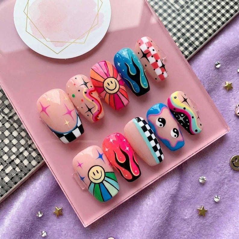 Psychedelic Neon Retro Swirl Trippy Abstract Press On Nails