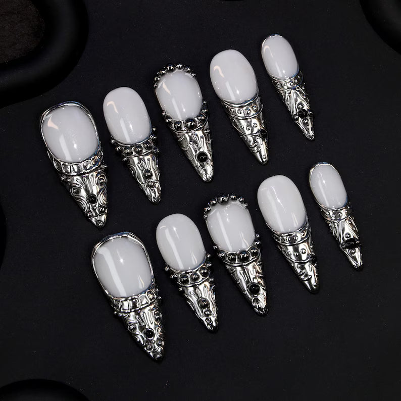 Silver Gothic Punk Metallic Edgy Stiletto Press On Nails