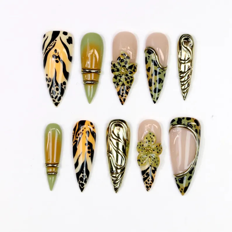 Gothic Wild Animal Print Floral Gradient Stiletto Press On Nails